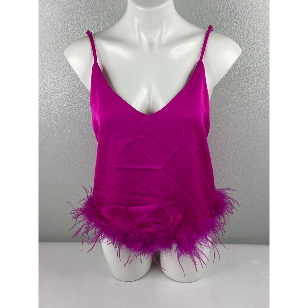 eesome Women Small Bright Pink Camisole Top Feather Trim Sexy NWT
